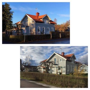 Före och efter nedtagning av 2 stora Thujaträd, som skuggade huset.